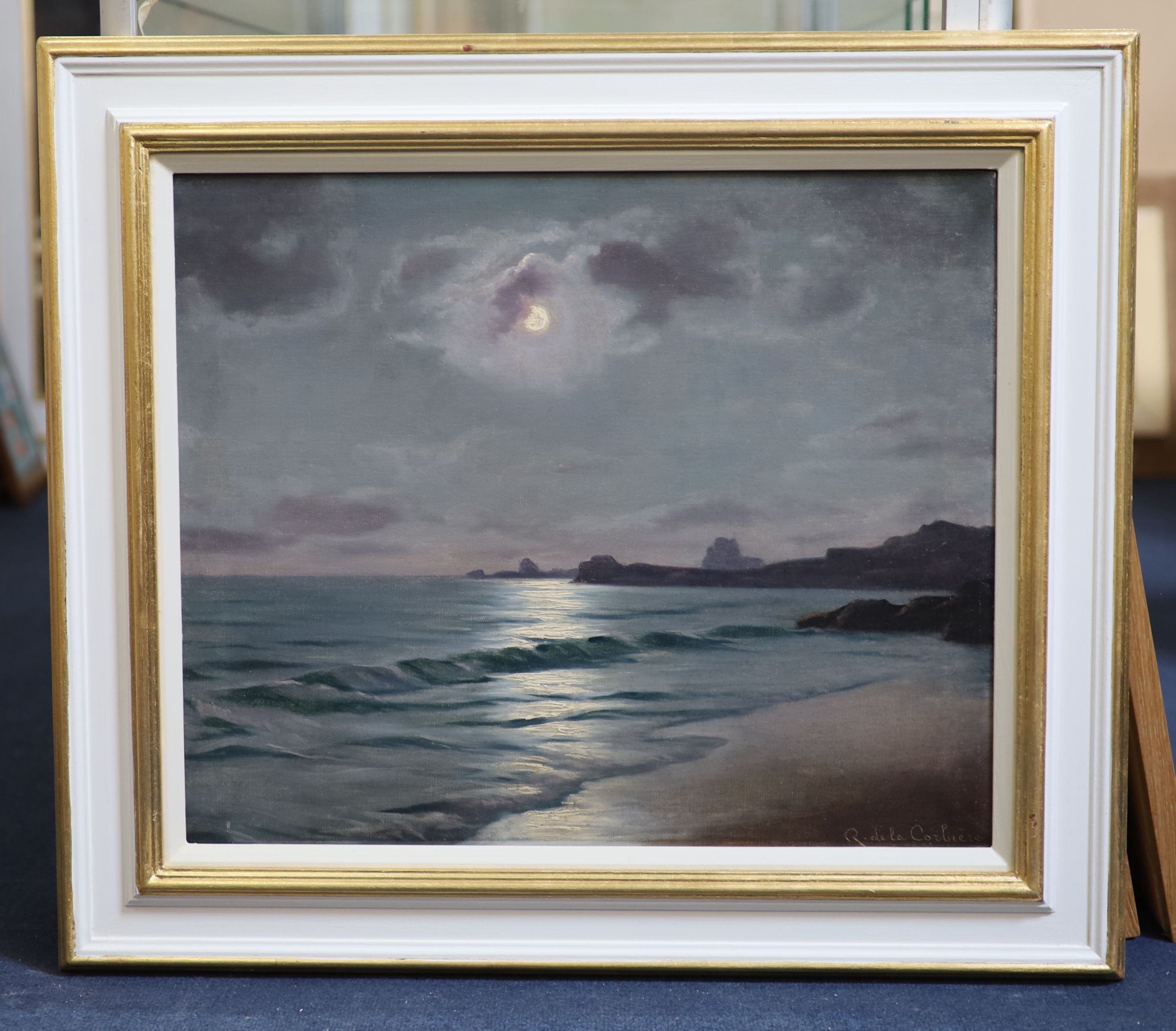 Roger de la Corbiere (French, 1893-1974), Waves on the shore under moonlight, Oil on canvas, 44 x 54cm.